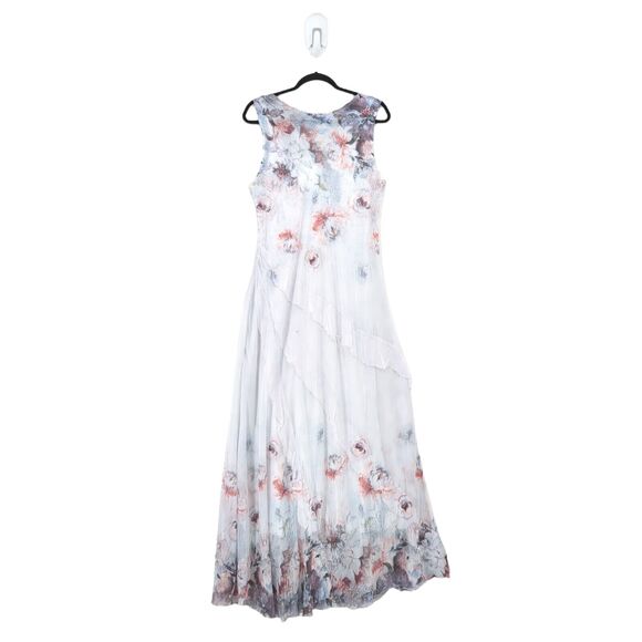 Komarov Women L Ruffle Dress Watercolor Border Ivory White Floral Maxi Charmeuse - Picture 7 of 10